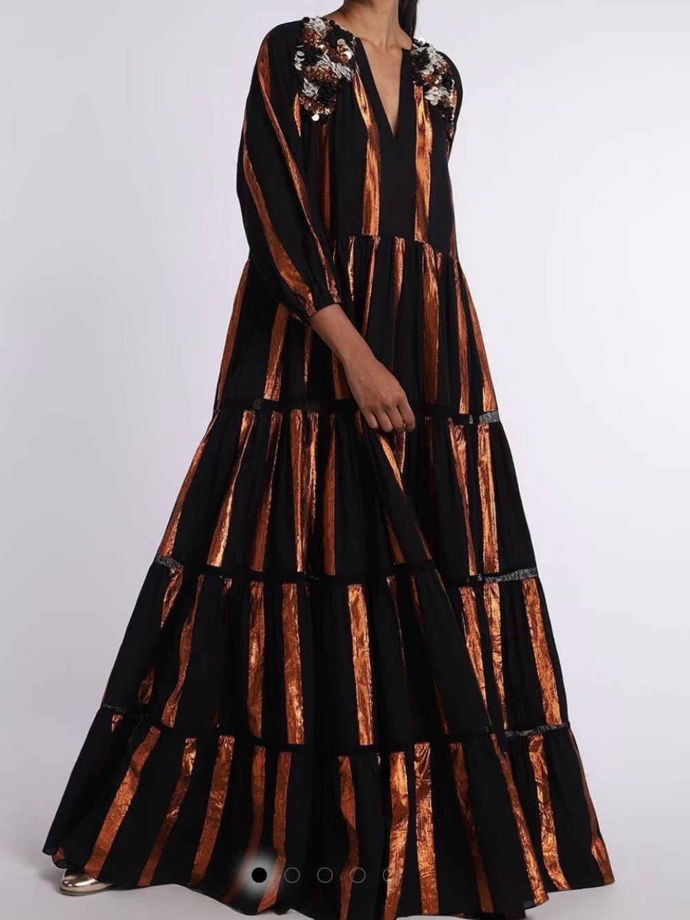 RARA AVIS Sona Verma Black Copper Metallic Stripe Maxi Dress Embellished Sz S